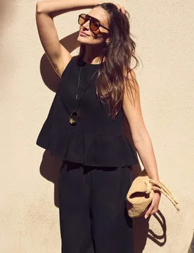Pure Cotton Crew Neck Peplum Top Black female - RO&ZO - FashionsVida