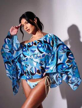 Printed Beach Cover Up Poncho Blue Mix female - South Beach - FashionsVida