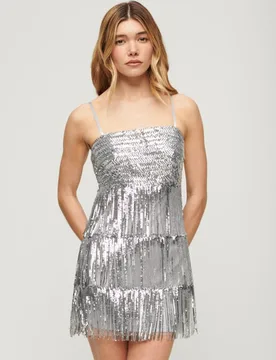 Superdry Damen Silber Mini-Trägerkleid mit Fransen Pailletten, Größe: 44 - 99.99 - FashionsVida