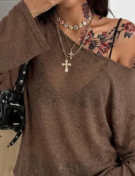 Camiseta marrón de manga larga con cuello asimétrico, hombros abiertos, de punto, oversize, estilo casual Y2K, para salir, para mujer talla grande, - Shein - FashionsVida