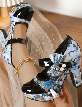 Bombas de punta redonda informales y de moda con bloques de color, decoración de lazo y perla, tacón grueso, zapatos slip-on versátiles y transpira - Shein - FashionsVida