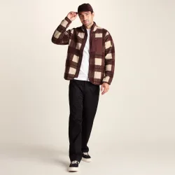 Haxwell Mens Sherpa Fleece - Chestnut Brown Check - Size Large