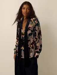 Floral Devore V Neck Top Beige Mix female