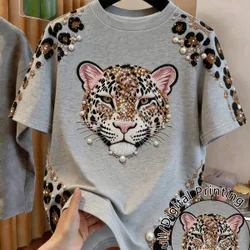 Camiseta para niñas preadolescentes, top para niña con bordado falso, cuentas falsas y estampado de leopardo falso, camiseta gris de corte holgado,