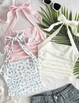 Set de 3 piezas Top corto de punto texturizado de corte ajustado con escote halter, lazo decorativo y estampado floral ditsy azul y blanco para niña - Shein - FashionsVida