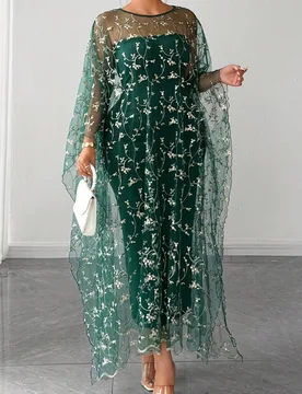 Conjunto de 2 piezas de vestido largo elegante y de moda para mujer talla grande, nuevo para verano, con capa exterior estilo capa en verde oscuro con - Shein - FashionsVida