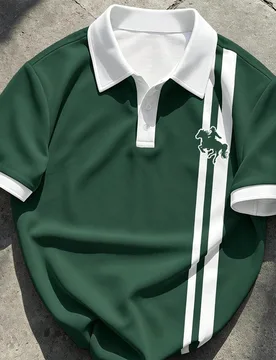 Camisa polo de botones con rayas de bloques de color y logotipo de caballo para hombre, esencial de verano - Shein - FashionsVida