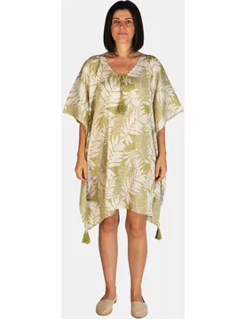 Caftán corto de playa con estampado de hojas y detalle de borlas - Kbas - FashionsVida