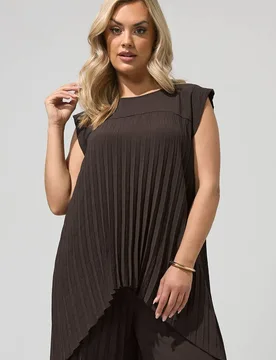 Women's Pleated Sleeveless Top in Chocolate Size: 20 - Chocolate - Size: 20 - Yours - FashionsVida