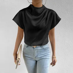 Blusa de satén con cuello de tortuga y mangas tipo murciélago, blusas de manga corta XL