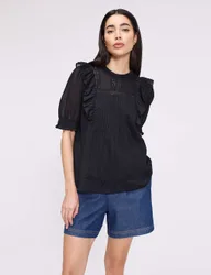 Pure Cotton Frill Detail Puff Sleeve Top Black female