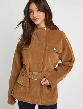 Womens Faux Suede Belted Jacket - Tan - Size 14 Uk - Boohoo - FashionsVida