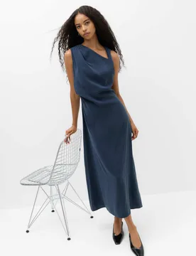 Asymmetric Neck Midi Waisted Dress Navy female - M&S - FashionsVida