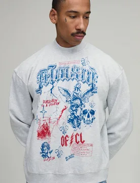 Herren Ash Grey Oversized Boxy Renaissance Doodle Print Sweatshirt Größe Small - boohooMAN - FashionsVida
