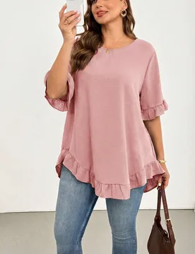 Camisa rosa de manga corta con volantes, holgada y cómoda, para uso diario, que estiliza la figura, para mujeres de talla grande, blusa bonita para c - Shein - FashionsVida