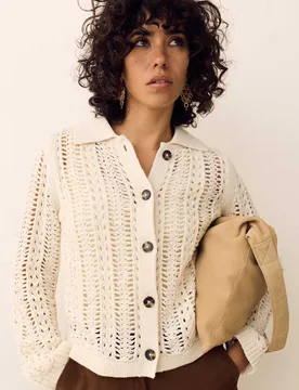 Cotton Rich Textured Collared Cardigan Ecru female - Per Una - FashionsVida