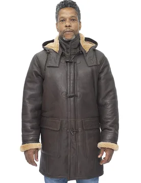 Mens Sheepskin Hooded Duffle Coat-Hanko - Brown - Size X-Small - Infinity Leather - FashionsVida