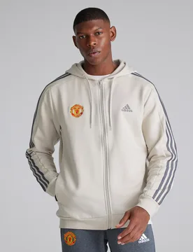 Manchester United x Mens Essentials Fleece 3-Stripes Full Zip Hoodie Off White 2XL - Adidas - FashionsVida
