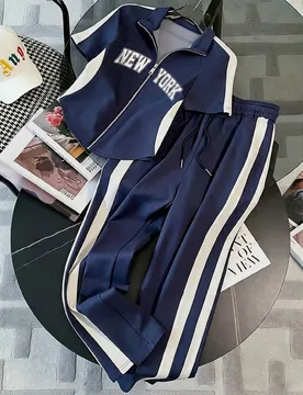 Conjunto de Top de Cárdigan de Manga Corta con Cuello y Mangas Raglán + Pantalones Casuales de Estilo Deportivo de Calle Azul Marino para Gimnasio y - Shein - FashionsVida