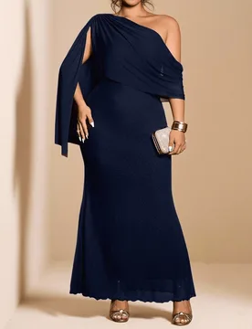 Vestido Maxi Ajustado de Talla Grande para Mujer, Diseño Asimétrico de Hombro, Azul Marino, Elegante Casual, para Verano e Invierno, Cumpleaños, Fo - Shein - FashionsVida