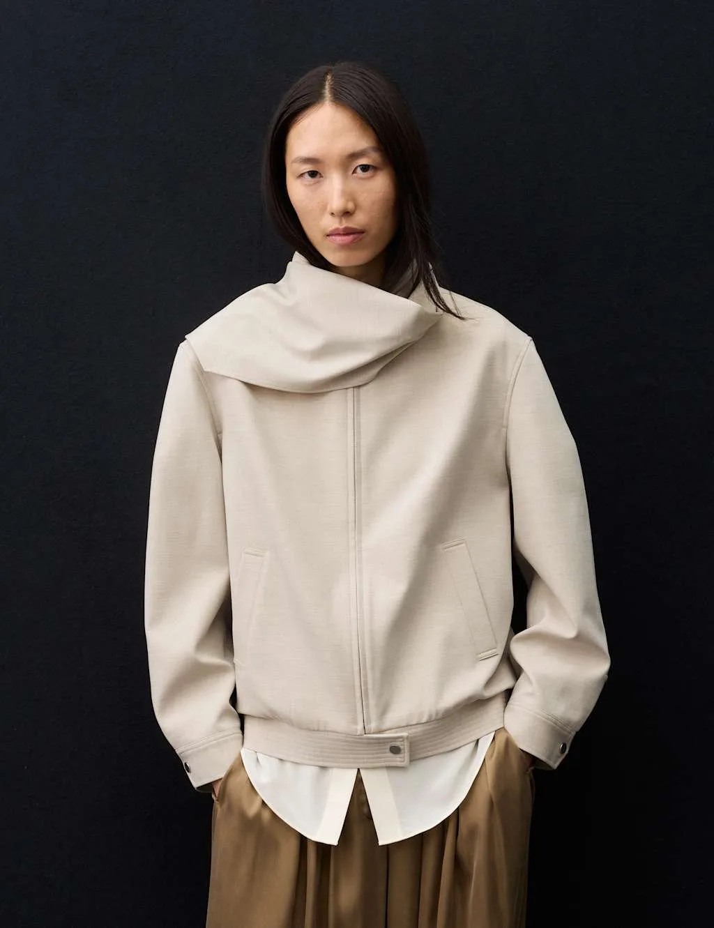 Wool Blend Tailored Scarf Bomber Jacket Stone female - Autograph - FashionsVida
