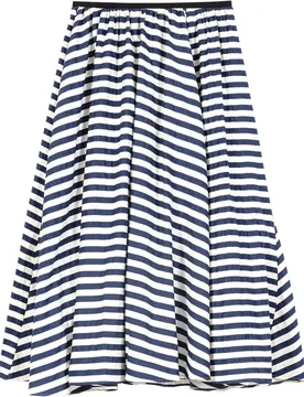 Falda midi acampanada de rayas anchas en mezcla de lino y algodón - Maje - FashionsVida