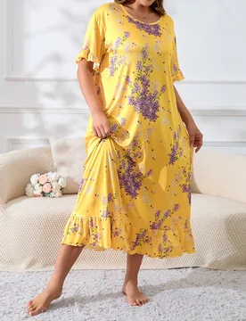 Vestido de dormir de manga corta con estampado para mujer de talla grande con cuello redondo (patrón aleatorio), vestido largo, Moo Moo 1XL - Shein - FashionsVida