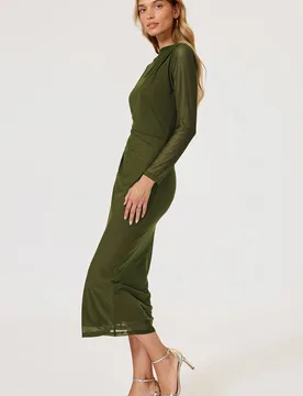 Women's Ruched Mesh Long Sleeve Midi Dress in Olive Size: Large - Olive - Size: L - FS Collection - FashionsVida