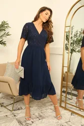 Women's Lace Wrap Top Midi Tiered Dress in Navy Size: 10 - Navy - Size: 10