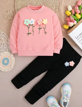 Conjunto de sudadera de cuello redondo de manga larga con decoración floral 3D y leggings para niña joven, primavera verano 5Y - Shein - FashionsVida