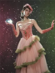 Design a pink dress with puffy fishbone