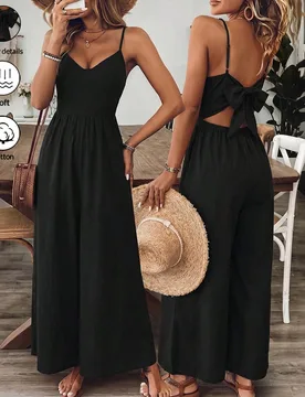 Mono de mujer de cuello en V, unicolor, suelto, con recortes, sin mangas, adecuado para vacaciones de primavera y verano S - Shein - FashionsVida