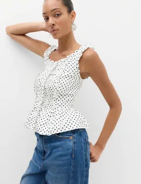 Pure Cotton Polka Dot Ruffle Detail Peplum Top White Mix female - M&S - FashionsVida