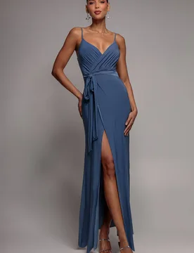 Women's Wrap Front Maxi Slip Dress With Waist Tie in Blue Size: 14 - Blue - Size: 14 - Goddiva - FashionsVida