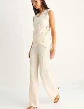 Womens Ribbed Sleeveless Blouse And Wide-Leg Trousers Set - Cream - Size Small - Bianco Lucci - FashionsVida