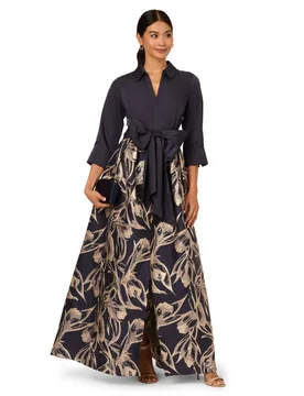 Women's Shirt Jacquard Long Dress in Navy Size: 8 - Navy - Size: 8 - Adrianna Papell - FashionsVida