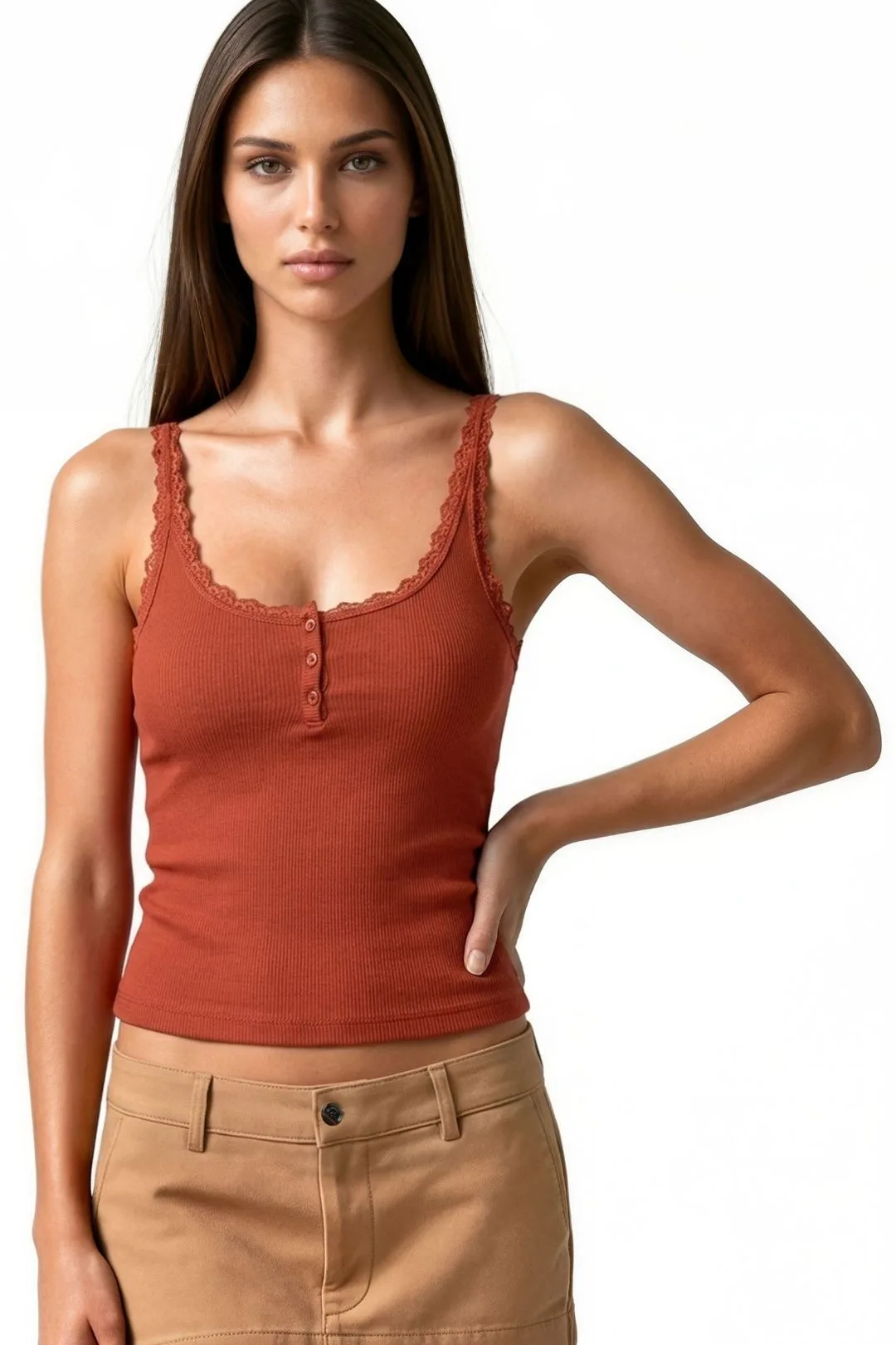 Womens Fitted Lace-Trim Cami Top - Orange - Size X-Large - Busem - FashionsVida