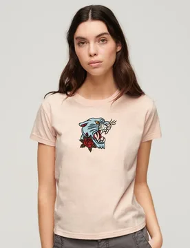 Superdry Damen Figurbetontes T-shirt mit Tattoo-stickerei Pink - Größe: 36 - 44.99 - FashionsVida