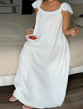Camisón elegante y sexy sin mangas para mujer de talla grande con ribete de volantes, Camisón largo de corte holgado para primavera y verano, pijama - Shein - FashionsVida