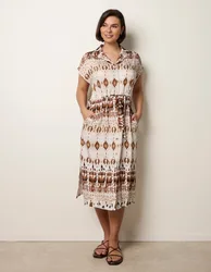 Drawstring Printed Midi Shirt Dress - M/L / MOCHA - female