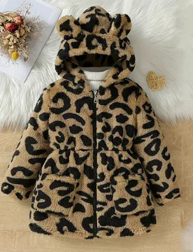 Chaqueta de invierno cálida con estampado de leopardo y capucha con orejas de oso adorable para niña, con cierre de cremallera y bolsillos, gruesa y - Shein - FashionsVida