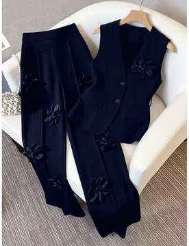 Chaqueta de blazer ajustada sin mangas y pantalones rectos de cintura elástica con bolsillos, estilo de moda de negocios para mujer talla grande, dis - Shein - FashionsVida