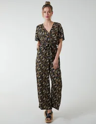Paisley Floral Tie Waist Jumpsuit - S / BLACK - female