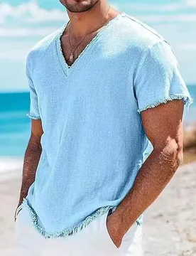 Seaside Beach Casual Men's Linen T Shirts Summer Fashion Solid Color Breathable T-shirt Mens Outdoor Vintage V Neck Ripped Tops - Aliexpress - FashionsVida
