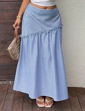 Falda de cintura alta con estilo casual de vacaciones, ribete de volantes, patchwork asimétrico, estampado de rayas finas en todo el Body, para prima - Shein - FashionsVida