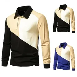 New Men's Long-sleeved Polo Shirt Fashion Patchwork Design Half Button-up Lapel Pullover Men Casual Colorblock Tops T-shirt