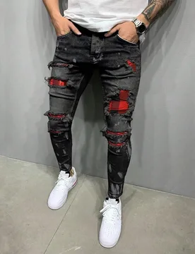 Pantalones vaqueros de algodón con rasgados y cuadros contrastantes, para la escuela L - Shein - FashionsVida
