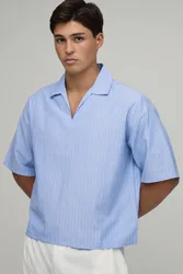 Herren Übergroßes Kastenförmiges Popeline-Streifen-V-Ausschnitt-Polohemd Light Blue Größe Small