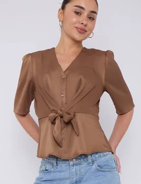 Women's Mocha Short Sleeve Knotted Crepe Satin Top in Brown Size: 16 - Brown - Size: 16 - LOVE SUNSHINE - FashionsVida