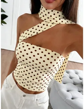 Blusa corta de mujer casual elegante para vacaciones de verano con cuello halter ajustable y estampado de lunares, adecuada para fiesta en la playa, u - Shein - FashionsVida